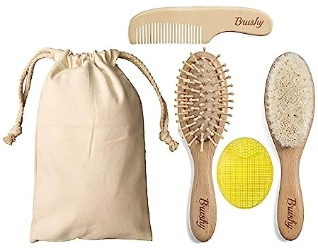 Brushy - Cepillo y peine para Bebé en Madera Natural - Kit Suave y Ecológico para Recién Nacidos, Niñas y Niños - Ideal para el Cabello Delicado de los Niños