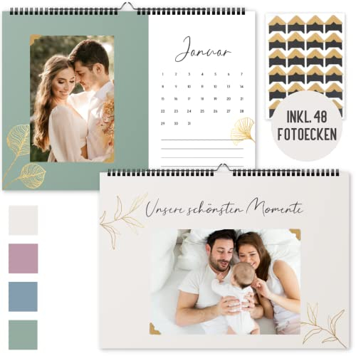 DIY Fotokalender zum selbstgestalten | A4 Bastelkalender ohne Jahr | Wandkalender zum Selbstgestalten | Moderner Kalender zum Basteln | Geschenk Weihnachten Valentinstag (Fotokalender Gold Blumen)