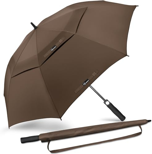 NINEMAX Golf Schirm Sturmfest XL,Übergröße Regenschirm Automatisch Öffnen,Extra Große Regenschirme Doppeltes Vordach für Reisen,Golfen(Braun)