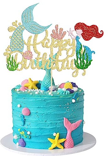 Gyufise 1Pcs Mermaid Happy Birthday Cake Topper Glitter Mermaid Cake Pick Seashells Coral Mermaid Tail Cake Decoration for Under the Sea Baby Shower Birthday Party Supplies