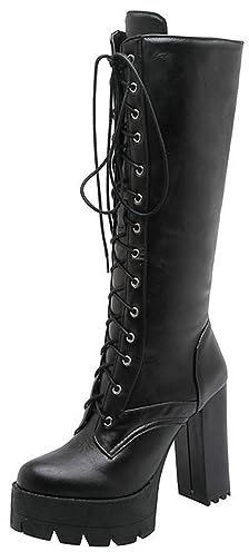 EXECAB Botas Altas de 11 CM para Mujer, Botas de Plataforma de tacón Grueso con Cordones, Botas Sexis de tacón Alto, Botas de Caballero, Zapatos de graduación,Negro,38 EU