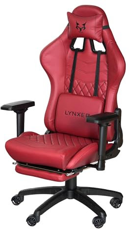 LYNXER Gaming Stuhl, Racing Stuhl Design Gamer Stuhl, ergonimisch mit Fußstütze u. Kopfstütze, Bürostuhl PU-Leder, Drehsessel (rot)