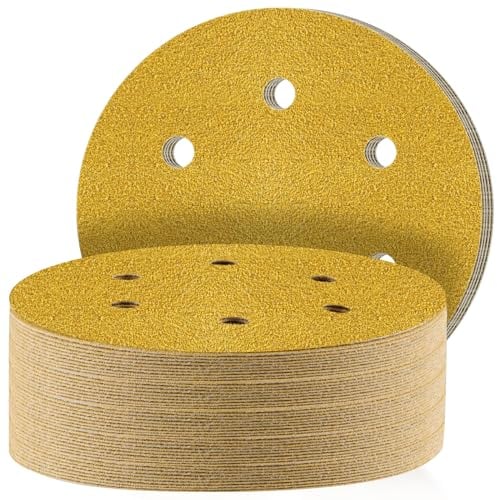 STEBRUAM Klett Schleifpapier 150mm,6 Löcher,80 körnung Schleifblätter,Schleifscheiben für Exzenterschleifer Mischkorn für Holz Metall und Farbe 50 Stück Gelb