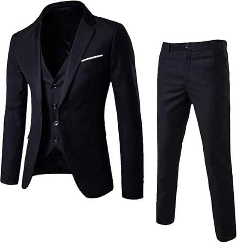 Herren Business-Anzug Hosen-Set 3-Teilig Sakko Hose Weste (DE/NL/SE/PL, Alphanumerisch, M, Regular, Regular, Schwarz)