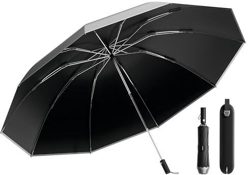 MJOFFIN Groß umgedrehter winddichter Regenschirm - Selbstöffnender und schließender Regenschirm mit reflektierenden Streifen - 48in,10 Knochen - Geeignet für Männer und Frauen(SCHWARZ)