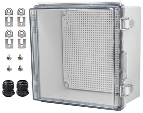 YETLEBOX Wasserdichte Elektrobox mit Montageplatte, IP67 Abzweigdose aus Edelstahl, Klappverschluss, transparente Abdeckung, Projektgehäuse mit Wandhalterung und 2 Verschraubungen, 21,1 x 21,1 x 13 cm
