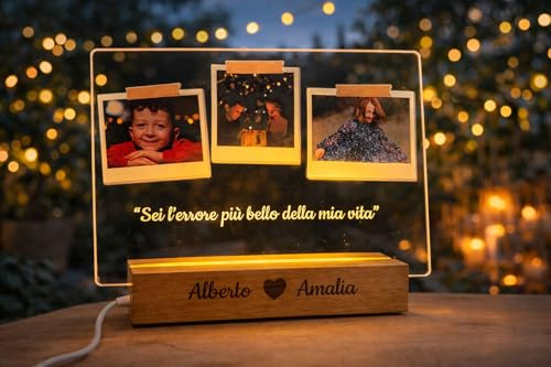 Lampada Personalizzata con foto. Lampada San Valentino. Regalo festa del papà, festa della mamma Cornice luminosa in plexiglas con base in legno inìcisa. Regalo per fidanzati, coppie, papà, mamma.