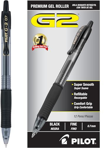Pilot, G2 Premium - Bolígrafos de gel de punta fina de 0,7 mm, color negro, paquete de 12 unidades (caja de docena)