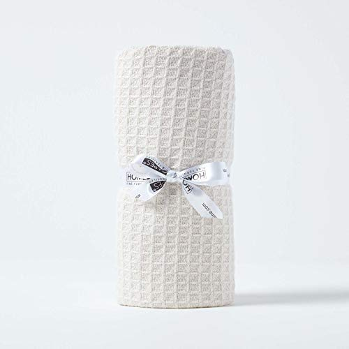 HOMESCAPES - 100% Organic Cotton Waffle Throw - Natural - 125 x 150 cm - Super Soft Combed Cotton