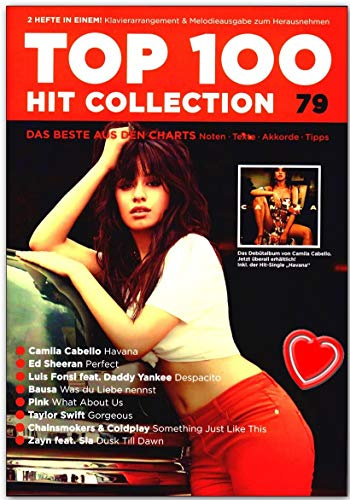 Top 100 Hit Collection 79 - Ed Sheeran, Camilla Cabello, Luis Fonsi, Bausa Songbook mit bunter herzförmiger Notenklammer