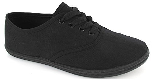 Ladies Womens Plimsoles LACE UP Flat Pumps Plimsolls Canvas Girls Trainers Size All Black