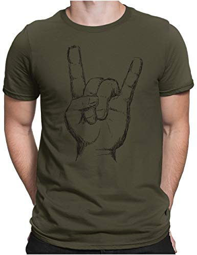 PAPAYANA Herren T-Shirt - Heavy Metal Hand Motiv - Funshirt Regular Fit - Rock Musik Punk - Oliv - Large