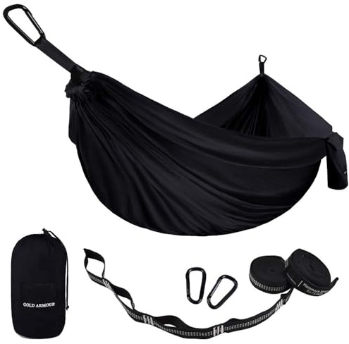 Gold Armour Camping Hammock - USA Brand Single Parachute Hammock (2 Tree Straps 10 Loops/20 ft Included) Lightweight Nylon Portable Adult Kids (Black)