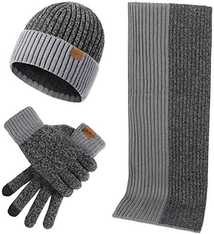 LumiSyne Winter 3 In 1 Mütze Schal Handschuh Sets Für Herren Damen Mode Einfache Zweifarbige Jacquard Touchscreen Handschuhe Beanie Strickmütze Langer Schal Verdickte Und Weiche Wolle