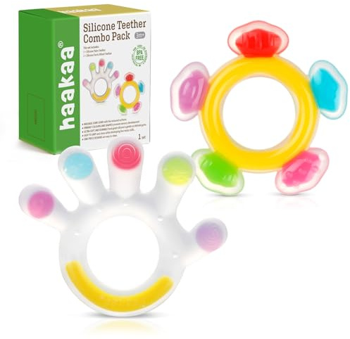 Haakaa Silicone Teether Combo - Baby Freezer Teething Toy - Soft Cold Teether - Soothe Teething Pain & Itching Gums - Perfect Size - Palm & Ferris Wheel Shape for 3M+ Babies BPA Free - 2 pk