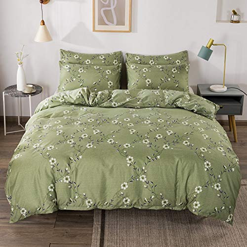 Flowers Bedding Set White Floral Duvet Cover Set Green Plants Branches Comforter Cover for Kids Women Adults Botanical Bedspread Cover with 1 Duvet Cover and 1 Pillowcase,Soft Lightweight,Single