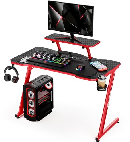 Intimate WM Heart Gaming Tisch 110cm, Ergonomischer Computertisch, Schreibtisch mit Tischplatte aus Kohlefaser, Drehbarer Headsethalter, Griffhalter und Getränkehalter, Schwarz und Rot