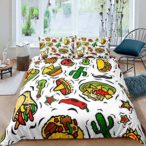 Homemissing Bettbezug Set Köstliche Burger und Chips Drucken Bettwäsche Set 200x200cm für Kinder Jungen Mädchen Boho Kaktus Betten Set 3D Gitarren Hut Atmungsaktive Betten Set 3St