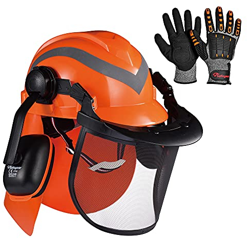 SAFEYEAR Pro Forestry Chainsaw Safety Helmet with Adjustable 27SNR Ear Muffs,Free impact-resistant gloves,Mesh Visor. EN397 Approved Quality Hard Hat for Chainsaw, Forestry Work,Builder and Industry.