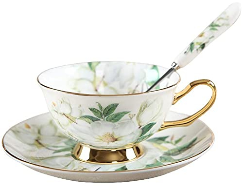 Jiotouhu Série Fleur Camélia, Ensemble Tasse Soucoupe Porcelaine Anglaise à la Cendre d'os, Bone Chine Service à Thé Café,avec Cuillère- 1 Set 200ml