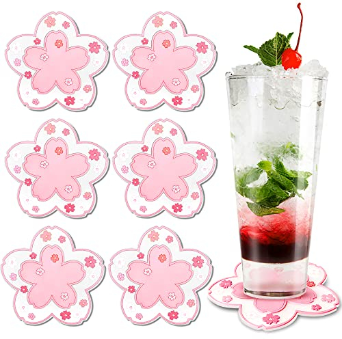 HOOMIL Getränke-Untersetzer-Set, weich, Sakura-Untersetzer-Set, rutschfeste Silikon-Untersetzer, hitzebeständige Pads für Zuhause, Küche, Büro, Bar, Dekoration, Rosa, 6 Stück