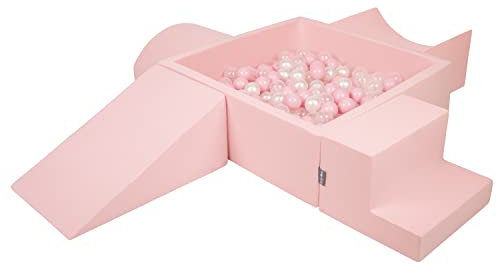 KiddyMoon Spielplatz Aus Schaumstoff Mit Quadrat Bällebad (300 Bälle) Ballgruben Für Babys Spielbad Hindernisläufen, Hergestellt In Der EU, Pink:Puderrosa/Perle/Transparent