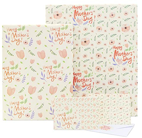 Geschenkpapier zum Muttertag, Gefaltetes Geschenkpapier mit Blumenmuster, 6 Blatt 50 x 70 cm, recycelbar, Sakura-Tulpen, Blumen-Geschenkpapier für Mutter, Großmutter mit Umschlagaufklebern
