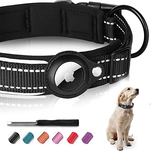 MouYou Airtag Hundehalsband,Airtag Halsband Hund Nylon Gepolstertes,Verstellbares Reflektierend Hundehalsband für Apple AirTag Integration für große/mittelgroße/kleine Hunde(Größe-S,Schwarz)
