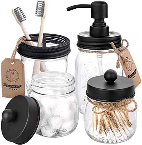 Mason Jar Lot de 4 Accessoires de Salle de Bain – Distributeur de Savon Mason Jar et 2 bocaux d'apothicaire et Porte-Brosse à Dents – Toilettes rustiques, décoration d'intérieur, comptoir de