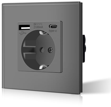 BSEED Prise murale Schuko avec USB & verre de type C, prises encastrées 3 en 1 - 1 voie avec puissance de charge USB 2,1 A et adaptateur de type C, station de charge, installation facile, 3 fils