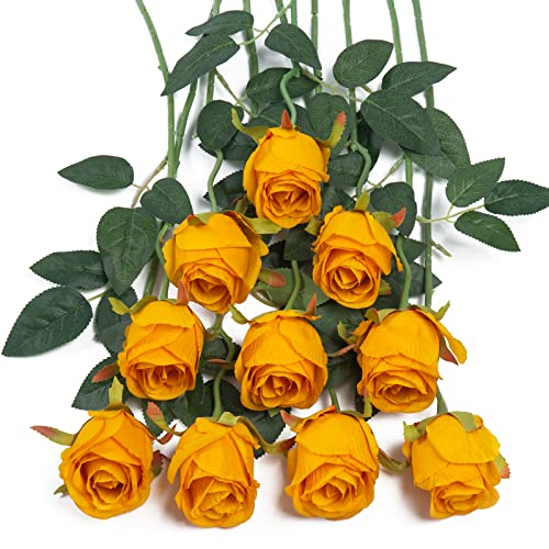 DuHouse 10pcs Artificial Silk Roses Flowers Single Long Stem Fake Rose Bouquet for Wedding Home Party Decoration Centerpieces(Orange)