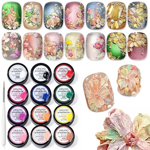 SAVILAND 3D Gel Nagelkunst 12 Farben: Glattes Wischfreies 3D Gel Nail Art Set Pink Weiß Nude Multifunktionales Formgel für Nägel zum Selbermalen zu Hause Chrom
