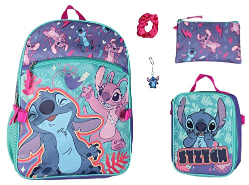 Disney Lilo et Stitch Angel Lot de 5 sacs à dos, boîte à déjeuner, porte-clés, trousse, chouchou