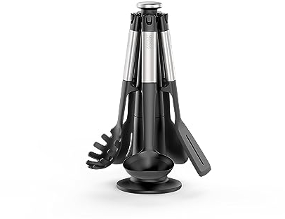 Joseph Joseph Elevate 5-piece Silicone Kitchen Utensils Carousel, BPA Free, Heat Resistant Non Stick Utensil Set, Weighted Stainless Steel Handles, Black and Silver