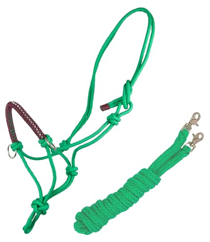 Brama West Knotenhalfter mit Zügel für Pferde - mit Snap-Karabiner und Strass - Grün/Braun, Gr. Pony