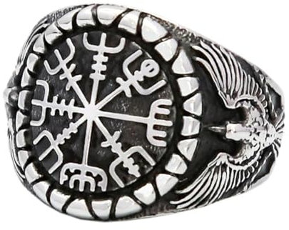 TQWSVUM Vegvisir Ring Für Männer Frauen - Wikinger Kompass Krähe Edelstahl Ring - Nordic Odin Doppel Rabe Tier Amulett Piraten Ring Mode Biker Pagan Schmuck(Silver_13)