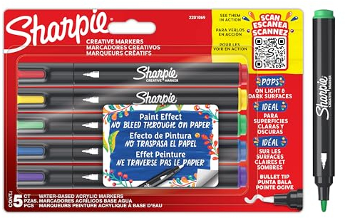 Sharpie Creative Marker Acrylic Paint Pens | Water-Based Paint Markers | No-Bleed Ink Writes on Most Surfaces | Bullet Tip | School & Revision Supplies | Assorted Colours | 5 Count