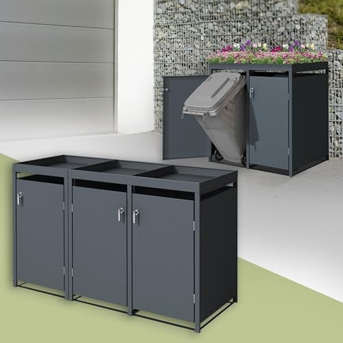 ML-Design Mülltonnenbox 3er mit Pflanzdach für 3 Mülltonnen, 240L 200x80x124cm Anthrazit, Stahl, wetterfest, Abschließbare Mülltonnenverkleidung mit Tür, Müllbox Mülltonnecontainer Mülltonnenabdeckung