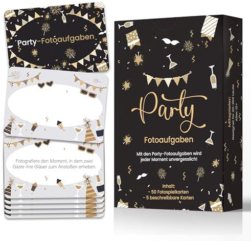 Party Fotoaufgaben, 50+5 Fotoaufgaben - Party, Geburtstag, Hochzeit, Konfirmation, Jugendweihe, Silvester - Partyspiel für Gäste, Party Spiele Schwarz, Fotobox Party, 9 * 6 cm, Geschenk Teenager