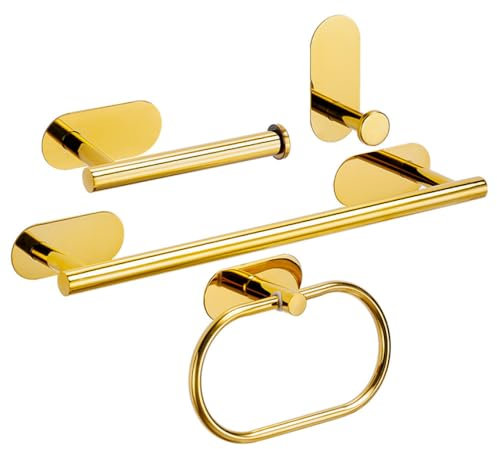 Kein Bohren, helles Gold, Badezimmer-Zubehör-Sets, Toilettenpapierrollen-Papierhalter, Handtuchhalter, Stangenring, Kleiderhaken, Hardware, goldenes 4-teiliges Set