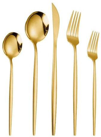 Royal Shang Youpin Sólido Mango Puntiagudo Cocina Cubiertos De Acero Inoxidable Vajilla Cubiertos Juego De Cubiertos Cuchillo Para Carne Tenedor Cuchara Cucharita (Oro,5 piezas)
