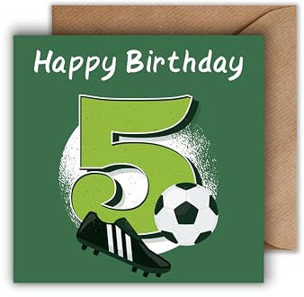 Fußball Geburtstagskarte zum 5. Geburtstag für Jungen mit Umschlag – Klappkarte mit Ball & Schuh Motiv in Grün sportlich, cool, kindgerecht (125 x 125 mm)