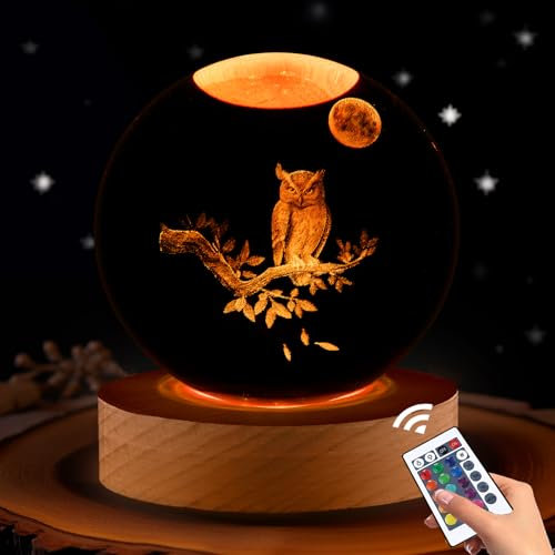 Eulengeschenke für Frauen, 80 mm 3D-Eulenfigur Kristallkugel Lampe mit Fernbedienung, Eulendekoration für Schlafzimmer, Geburtstags- und Weihnachtsgeschenke für Kinder, Mädchen, Jungen und Frauen