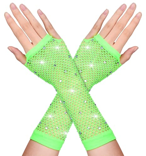 Neon Green Fishnet Rhinestone Gloves Women Long Fishnet Gloves Fingerless Fishnet Arm Sleeves 80s Fish Net Gloves Kids Fashion Sparkly Mesh Gloves 80 s Emo Scene Accessories for Women Kids
