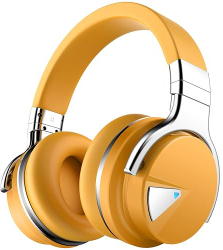 GarageRock E7 Active Noise Cancelling Headphones Bluetooth Headphones Wireless Headphones Over Ear with Microphone Deep Bass, Comfortable Protein Earpads, 30 Hours Playtime for Travel/Work, Yellow