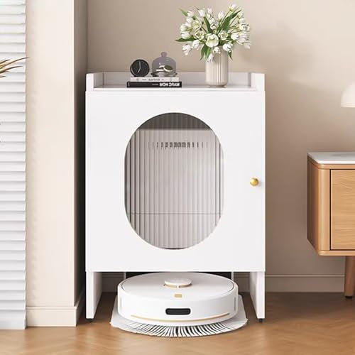 Support pour robot aspirateur laveur Armoire De Rangement Mobile Pour Aspirateur Robot, Support D'angle Caché Pour Aspirateur Robot Pour Salon Bureau À Domicile Garage, Table D'appoint En Bois(White,5