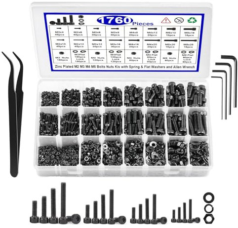 BaiBaoHui 1760pcs M2 M3 M4 M5 Mechanical Screw Assortment Kit, Grade 12.9 Alloy Steel Hexagon Socket Metric Bolts with Nut Flat Washers and Spring Washers Sleeves with 4 Hexagonal Wrenches 1 Tweezer