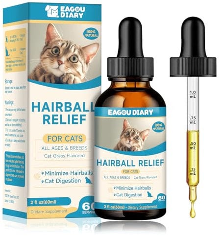 Hairball Remedy for Cats - Cat Hairball Treatment, Digestive Support, Furball Control with Psyllium Husk, Fibers, Enzyme, Taurine, Vitamins, 60ml Drops for Feline Constipation Relief, Cat Grass Flavor