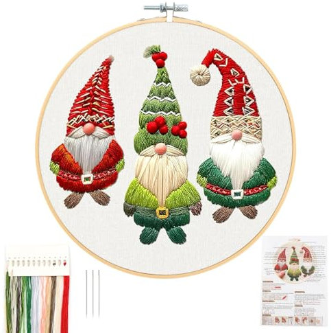 QEEYON Weihnachten Stickerei Set Erwachsene,Weihnachtenmuster Kreuzstich Stickset für Anfänger,Sticken-Weihnachtswichtel mit Stickrahmen,Farbfäden und Werkzeuge,für DIY Kunst