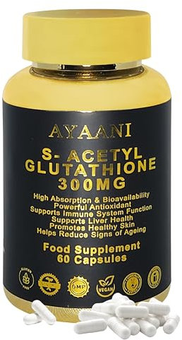 Ayaani S-Acetyl Glutathione 300mg | Advanced Skin Brightening and Anti-Ageing Supplement | High-Absorption Antioxidant for Detox and Immune Support | 60 Vegan Capsules | Developed in UK